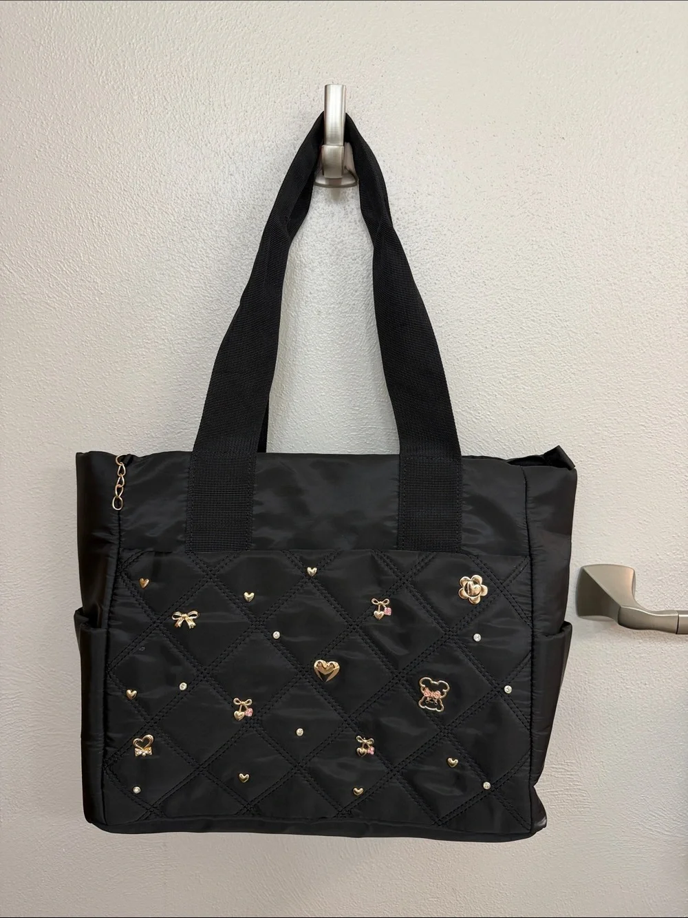 Black Quilted Tote Bag with Gold Accents - Women Bags